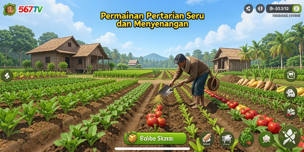 Tampilan gameplay <strong>567TV</strong> yang menampilkan lahan pertanian yang luas dan hewan-hewan menggemaskan.