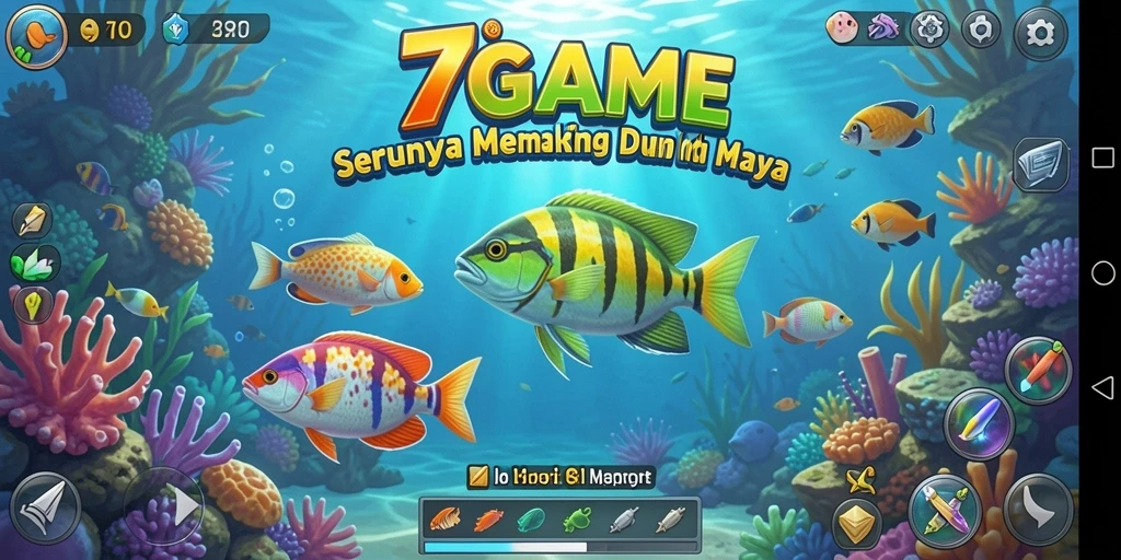 Tampilan gameplay <strong>7GAME</strong> saat menangkap ikan dengan berbagai senjata.