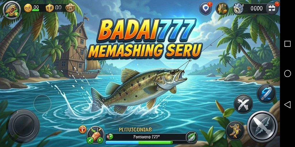 Tampilan gameplay BADAI777 saat menangkap ikan di lautan.