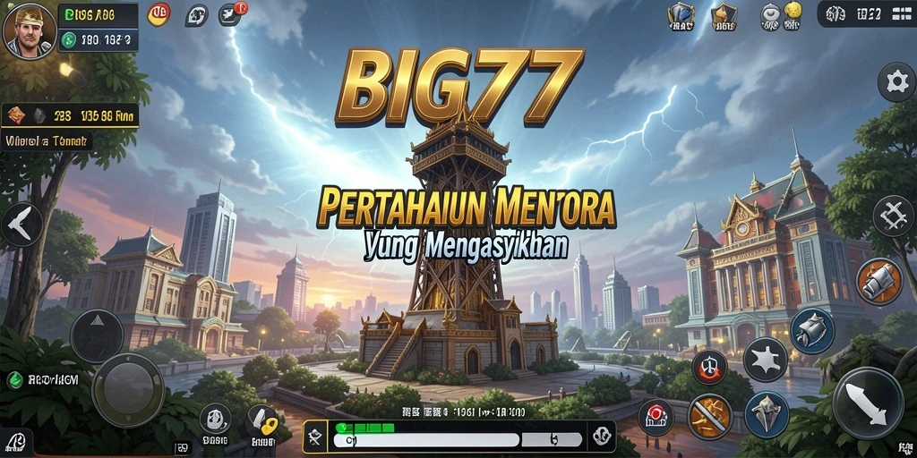 Gameplay BIG77 menampilkan menara yang diatur strategis melawan gelombang musuh.