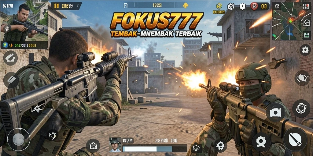 Tampilan gameplay intens di FOKUS777 dengan aksi tembak-menembak.