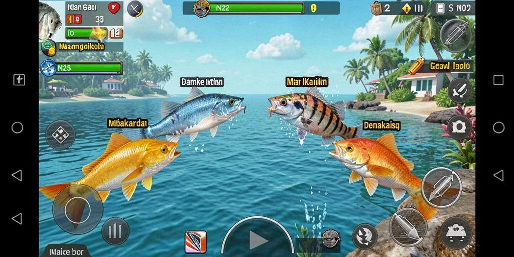 Tangkapan layar gameplay <strong>IN22</strong> menampilkan aksi menembak ikan yang intens.