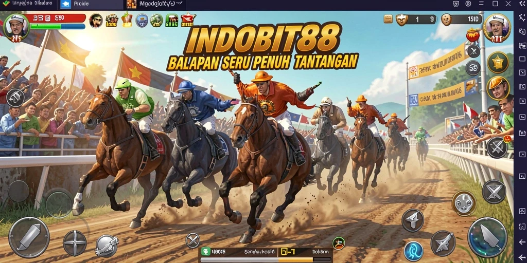 Tampilan gameplay menegangkan dari INDOBIT88 dengan mobil balap yang bersaing.