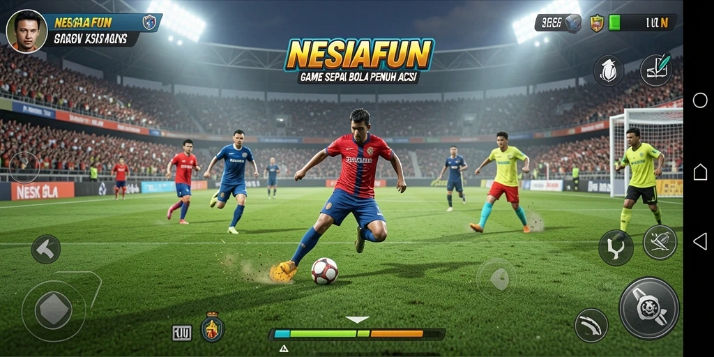 Screenshot gameplay NESIAFUN memperlihatkan aksi seru di lapangan sepak bola.