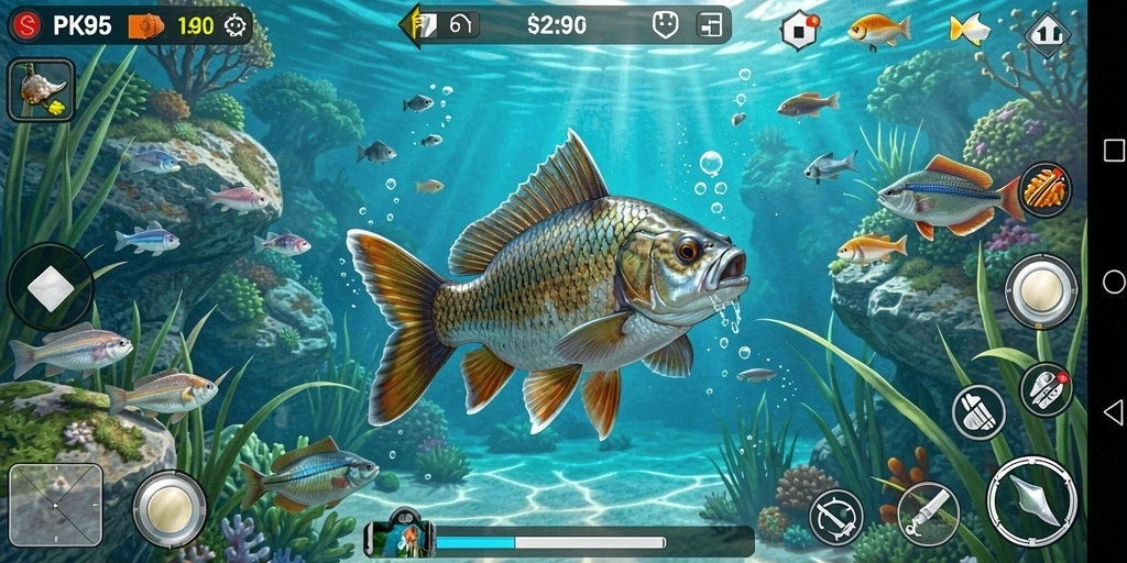 Tampilan menarik gameplay PK95 dengan aksi memancing yang seru.