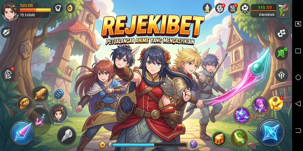 Screenshot utama permainan <strong>REJEKIBET</strong> menampilkan aksi karakter anime yang dinamis.