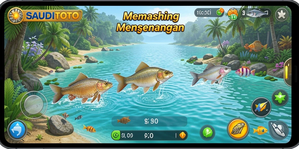Tampilan gameplay SAUDITOTO menampilkan serunya menangkap ikan di lautan.
