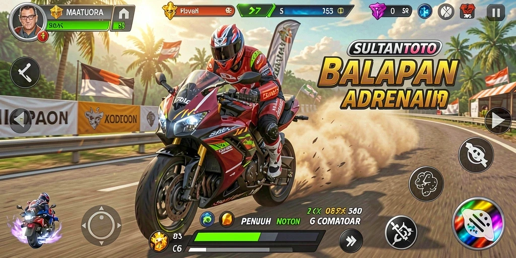 Screenshot gameplay SULTANTOTO menampilkan aksi balapan motor yang mendebarkan.
